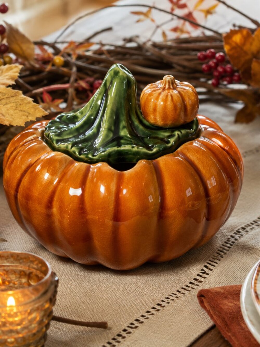 Vintage Pumpkin Covered Dish / Tureen – Majolica-Style Ceramic – Fall Thanksgivi